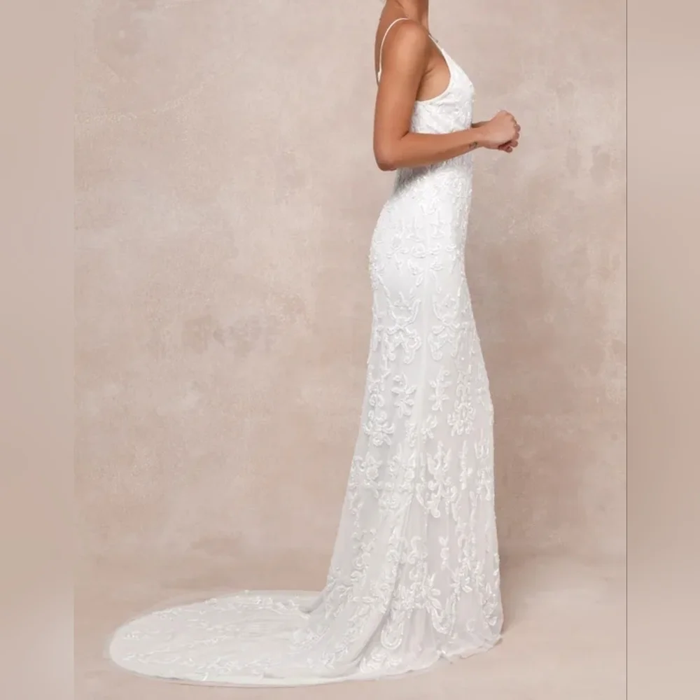 Lulus Everlasting Passion White Sequin Beaded Backless Maxi Wedding Dress - Picture 3 of 16